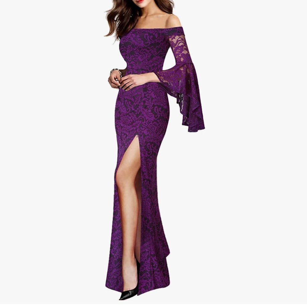 Purple Lace Off Shoulder Ruffle‎ Bell Sleeve Formal Dress Sz XS